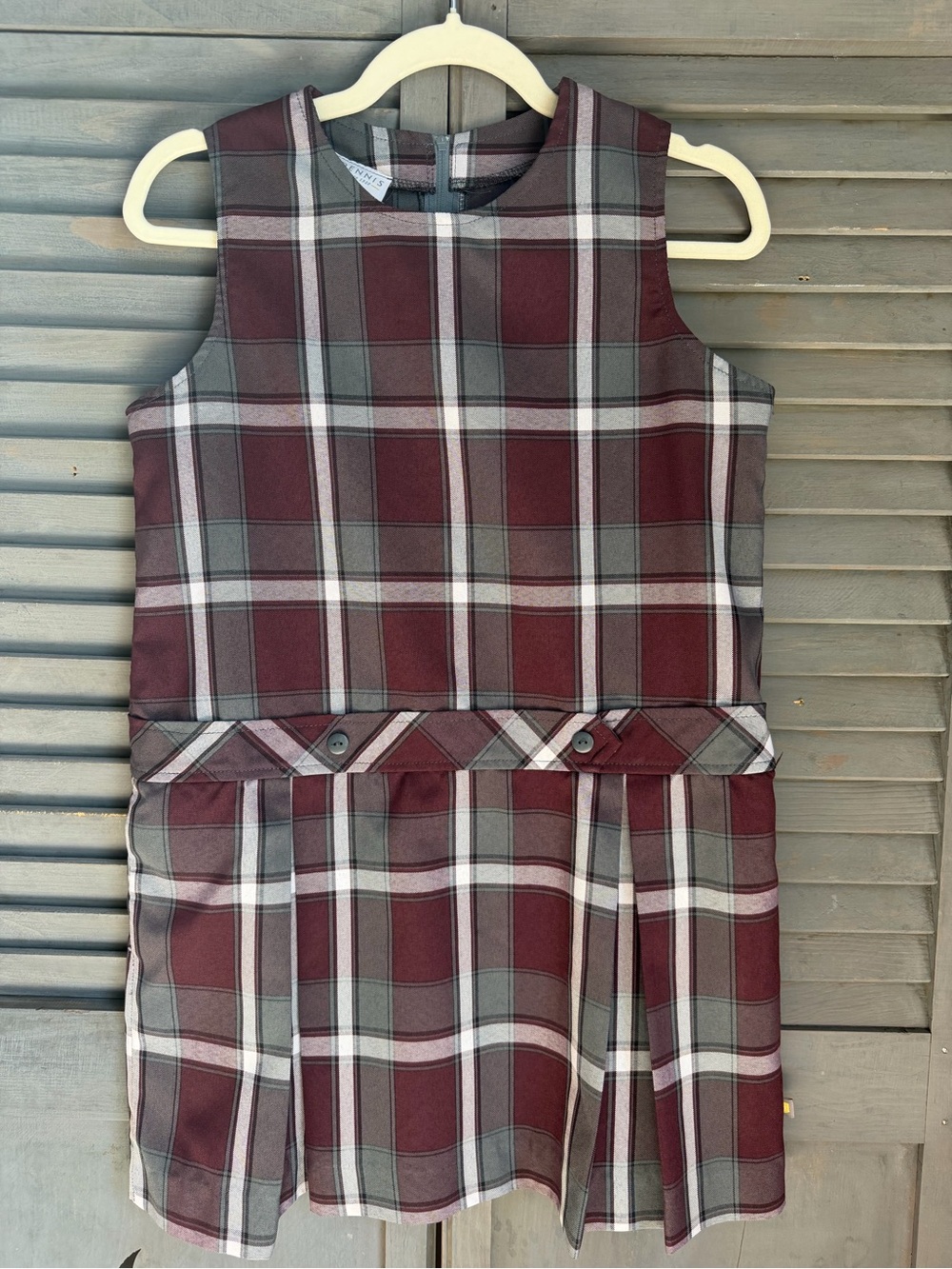 Dennis Uniform | Jewel Neck Drop Waist Jumper | Burgundy & Gray Plaid